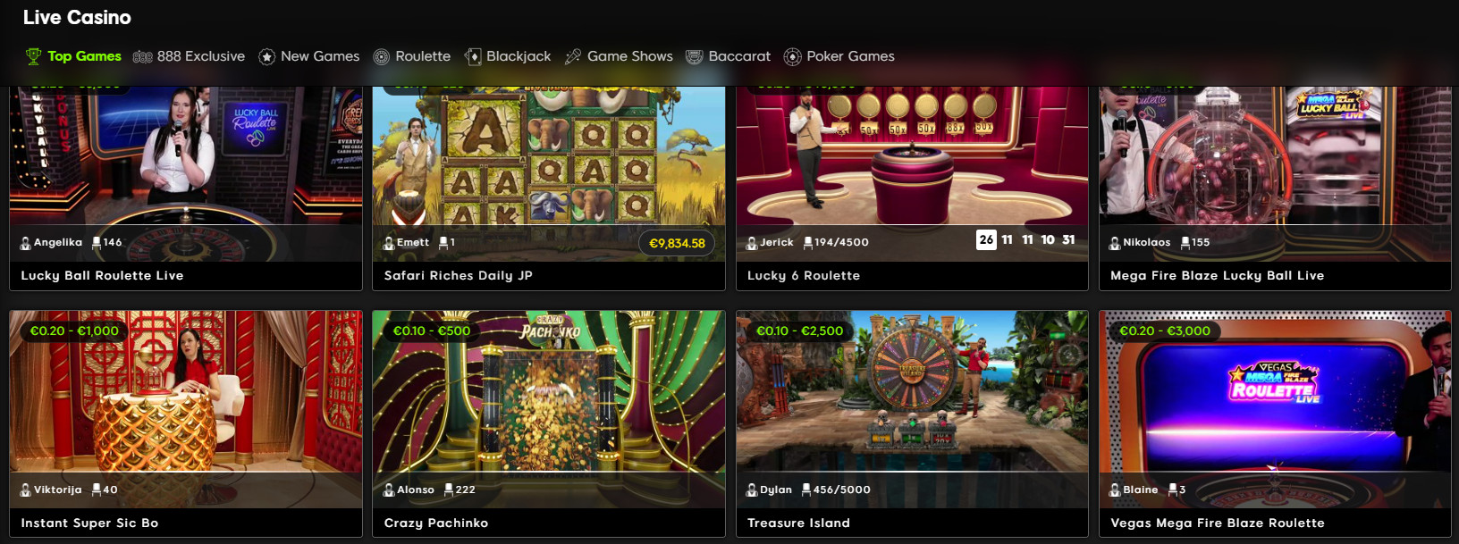 Live Casino Section at 888 Casino