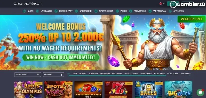 The Cristal Poker Casino lobby opens straight into a game grid with a provider filter