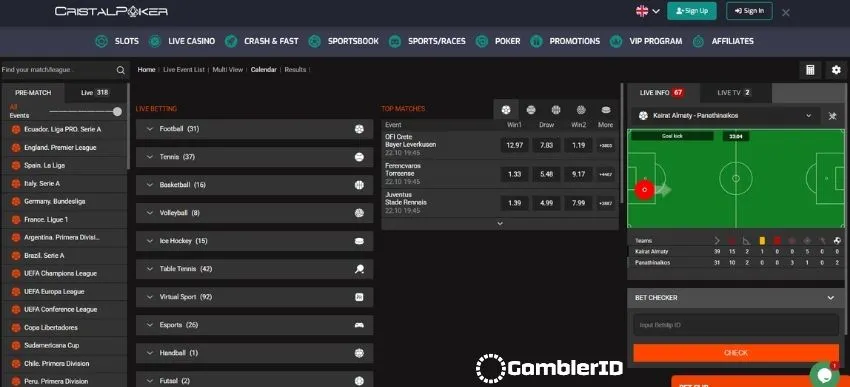 Sportsbook Section at Cristal Poker Casino 