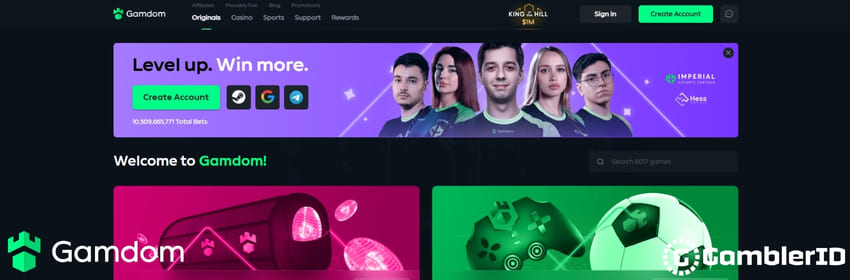 Gamdom homepage showing clean interface with game categories, live chat sidebar, and crypto wallet options