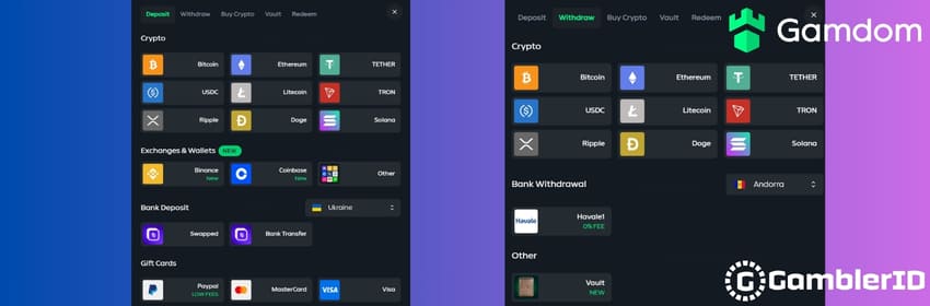 Payment methods available at Gamdom Casino