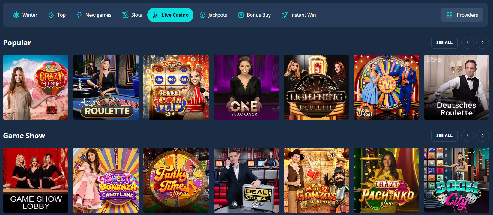 Live Games Section at Platincasino