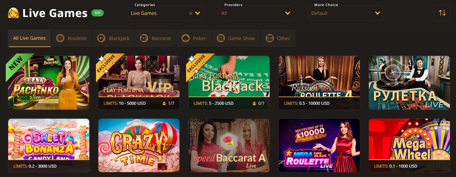 Live Dealer Games Section at Play Fortuna Casino