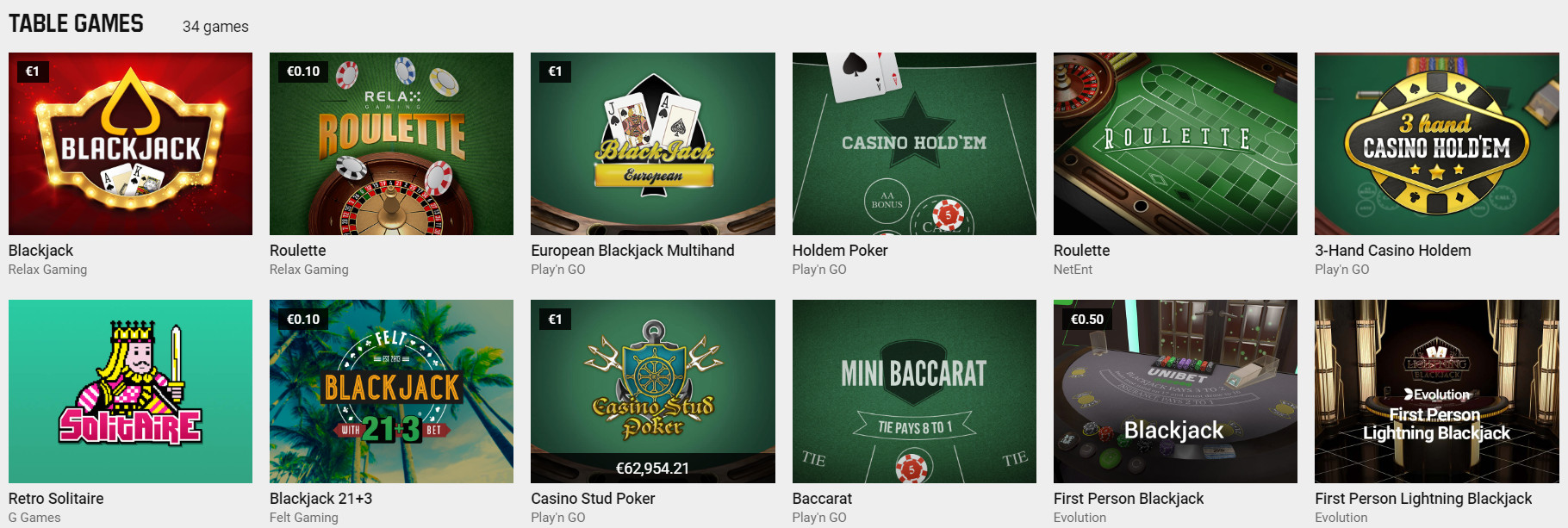 Table Games Section at Unibet Casino