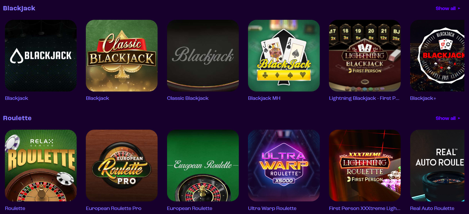 Table Games Section at Wheelz Casino