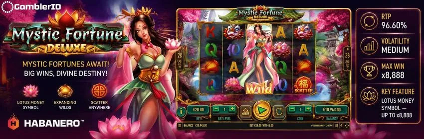 Mystic Fortune Deluxe slot banner: 96.60% RTP, Medium volatility, Money Symbol to x8,888