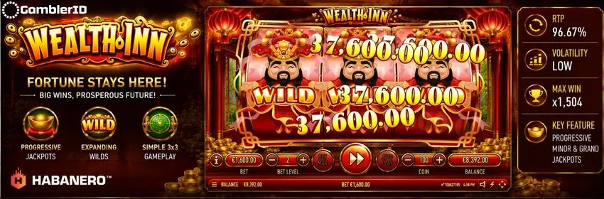 Wealth Inn slot banner: 96.67% RTP, Low volatility, Minor/Grand jackpots