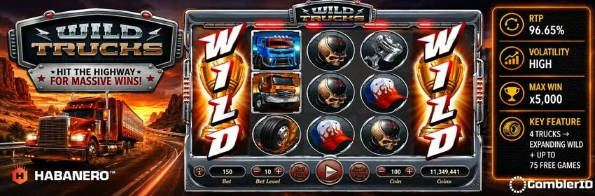 Wild Trucks slot banner: 96.65% RTP, High volatility, x5,000 max win
