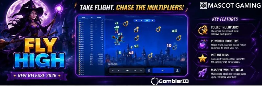 Fly High slot banner: Mascot Gaming's crash-format flight game, x10,000 max win