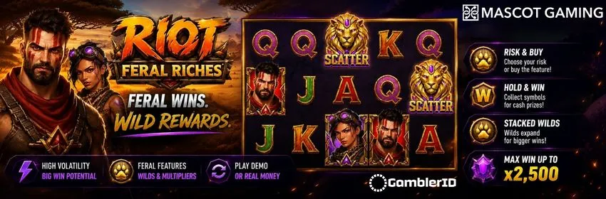 Riot: Feral Riches slot banner: African savanna theme, four-tier Hold and Win jackpot.