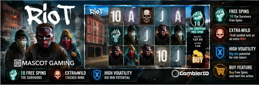 Riot slot banner: the 2020 release that introduced Mascot Gaming's Risk & Buy mechanic