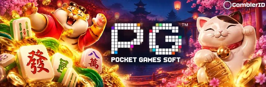 PG Soft logo with characters from Mahjong Ways, Fortune Tiger and Lucky Neko slots