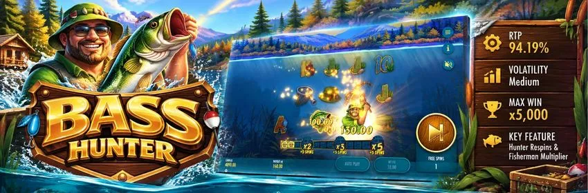 Bass Hunter slot by Thunderkick: fisherman on a 5x3 grid with fish cash values, max win x5,000