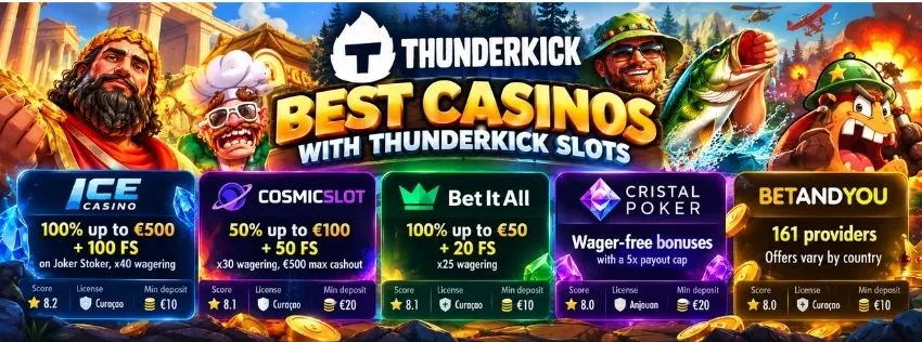 Best casinos with Thunderkick slots: Ice Casino, CosmicSlot, Bet It All, Cristal Poker and BetAndYou bonuses