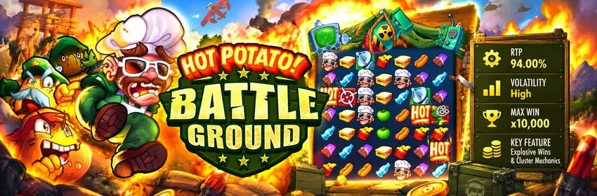 Hot Potato Battleground slot by Thunderkick: 7x7 cluster pays grid with exploding Wilds and x10,000 max win