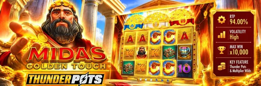 Midas Golden Touch: Thunder Pots slot by Thunderkick with King Midas, Wild multipliers and x10,000 max win