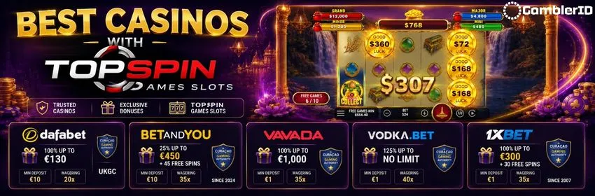 Best casinos with TopSpin Games slots - Dafabet, BetAndYou, Vavada, Vodka.bet and 1xBet welcome bonuses compared