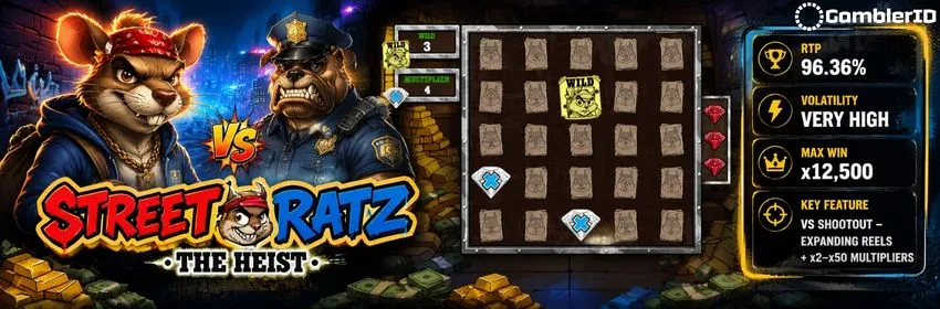 Street Ratz: The Heist slot banner showing 96.36% RTP, 12,500x max win and VS Shootout multiplier feature