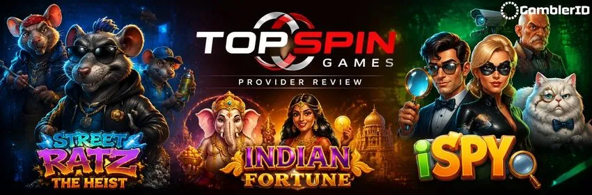 TopSpin Games provider banner featuring Street Ratz, Indian Fortune and iSPY slots with RTP and max win details