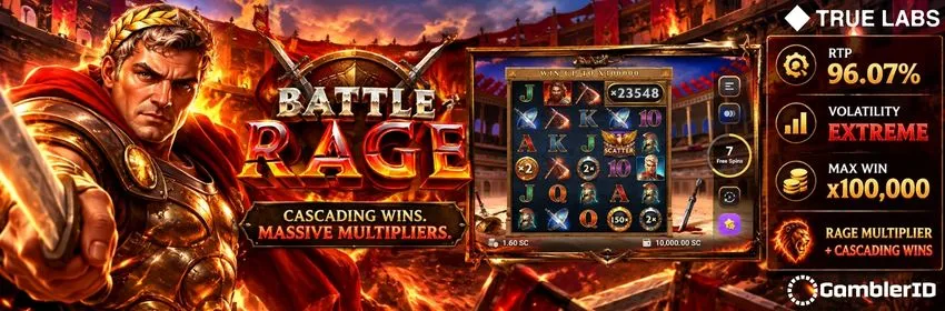 Battle Rage slot by True Labs: gladiator in an arena with game screen, 96.07% RTP, x100,000 max win