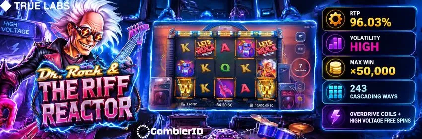 Dr. Rock & the Riff Reactor slot by True Labs: rock scientist with game screen, 96.03% RTP, x50,000 max win