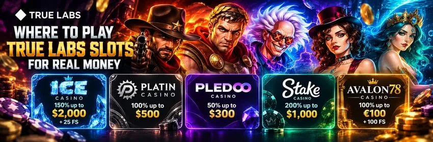 Where to play True Labs slots for real money: Ice Casino, Platincasino, Pledoo, Stake and Avalon78 welcome bonuses