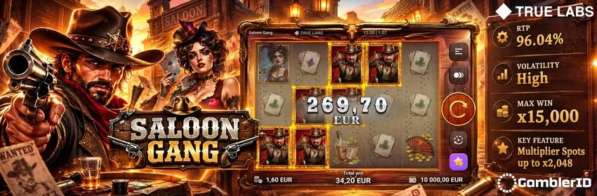 Saloon Gang slot by True Labs: cowboy and saloon girl with game screen, 96.04% RTP, x15,000 max win