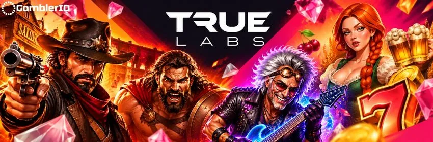 True Labs slots provider banner with the TRUE LABS logo, a cowboy, a gladiator and a rock star