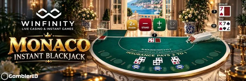 Monaco Instant Blackjack by Winfinity with Double, Stand, Hit and Split buttons on a green table in a bright studio