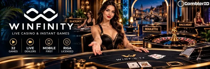 Winfinity live casino banner: a dealer at a themed blackjack table, with 32 games, live dealers and mobile-first play