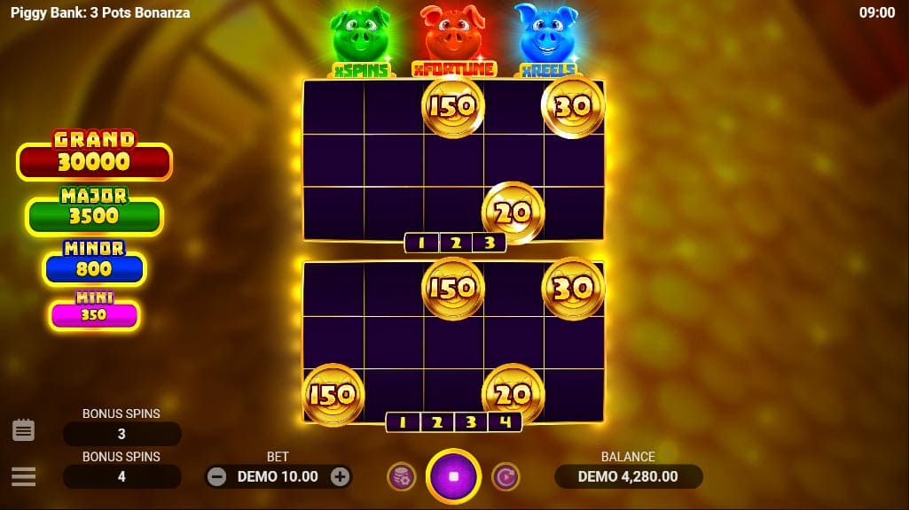 Hold and Win bonus phase with sticky bonus coins locked in place 