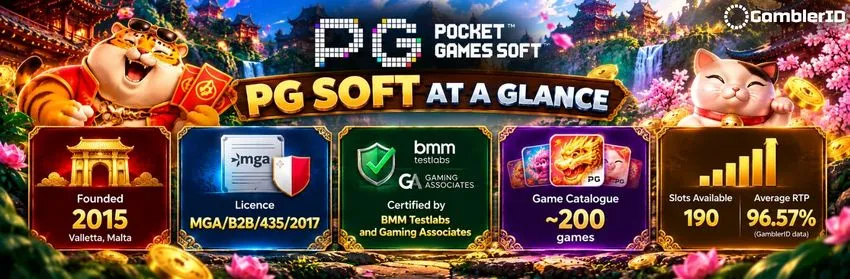 PG Soft at a glance: founded 2015 in Malta, MGA license, BMM and Gaming Associates testing