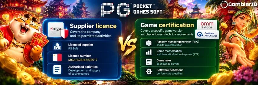 Supplier license vs game certification at PG Soft: MGA license and BMM or Gaming Associates testing