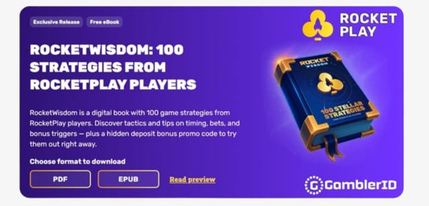 Screenshot of the RocketWisdom landing page showing download options for PDF and EPUB formats