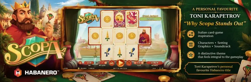 Scopa slot gameplay screenshot by Habanero, Toni Karapetrov's personal favorite title