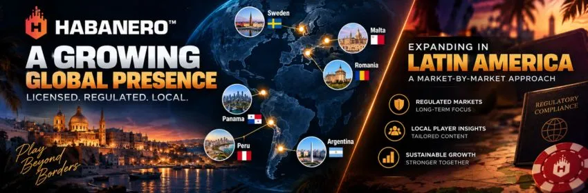 Map of Habanero's licensed markets including Malta, Romania, Panama, Sweden, Argentina and Peru