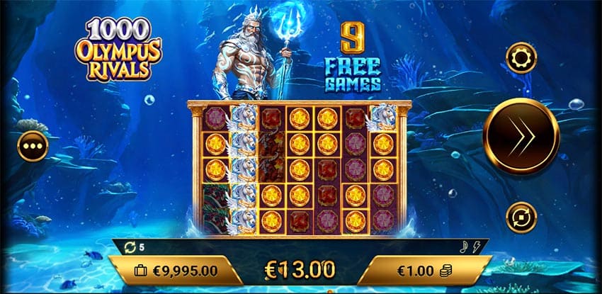 Main game screen showing 7x5 grid with Zeus, Hades, and Poseidon symbols