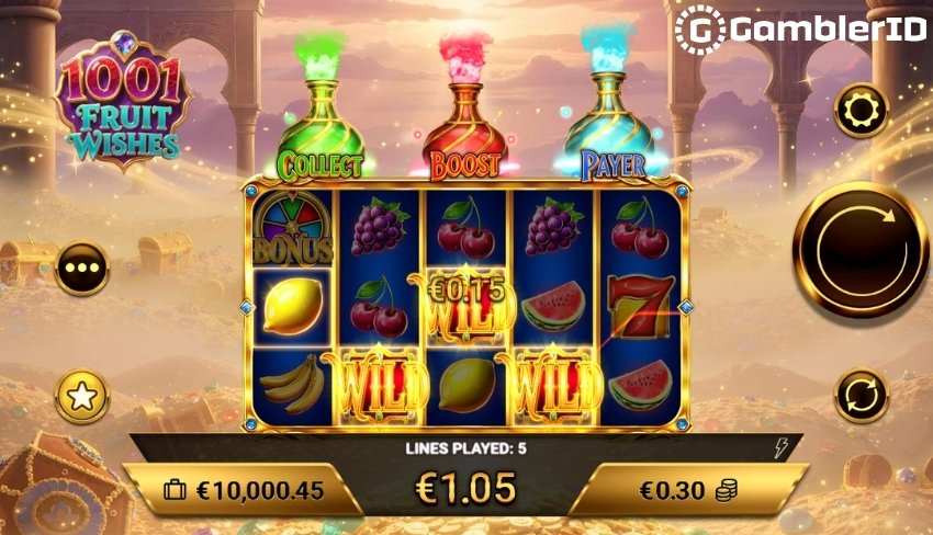 Screenshot of main game reels showing fruit symbols, WILD overlay, and three Magic Lamps glowing above the playfield