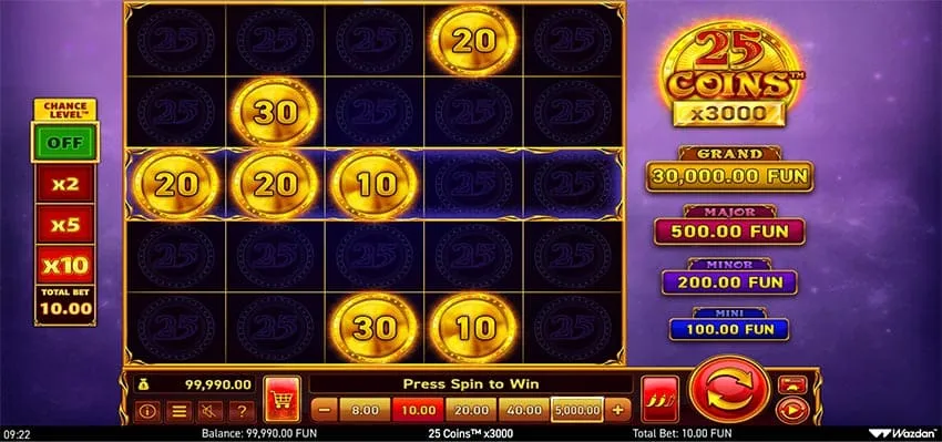 The 25 Coins x3000 base game - nothing pays until 5 symbols fill the middle row.