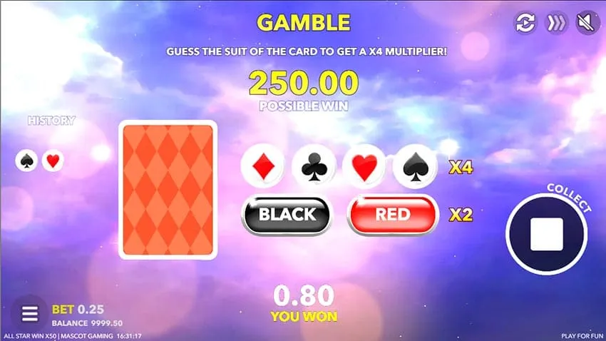 Risk Gamble feature on All Star Win x50 - call the card colour to multiply the win