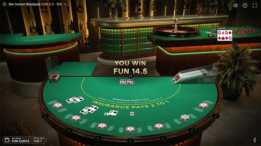 Bar Instant Blackjack round result with a YOU WIN banner and ticks on the settled seats
