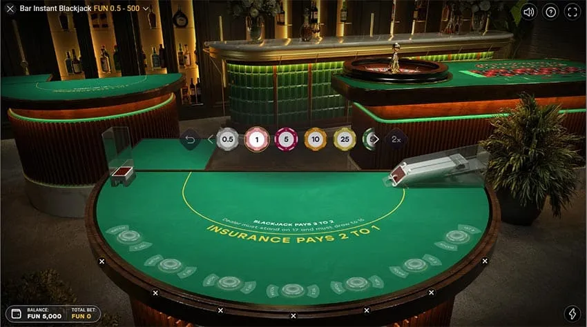 Bar Instant Blackjack betting phase with the chip tray, Undo and 2x buttons above the table