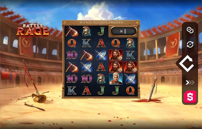 The Battle Rage slot base game, with the Rage counter above the grid.