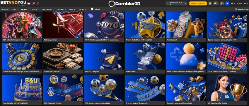 BETANDYOU Casino promotions page listing welcome package, Happy Tuesday, and VIP cashback offers