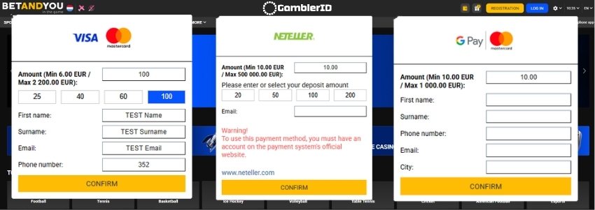 BETANDYOU Casino cashier screen showing the deposit process