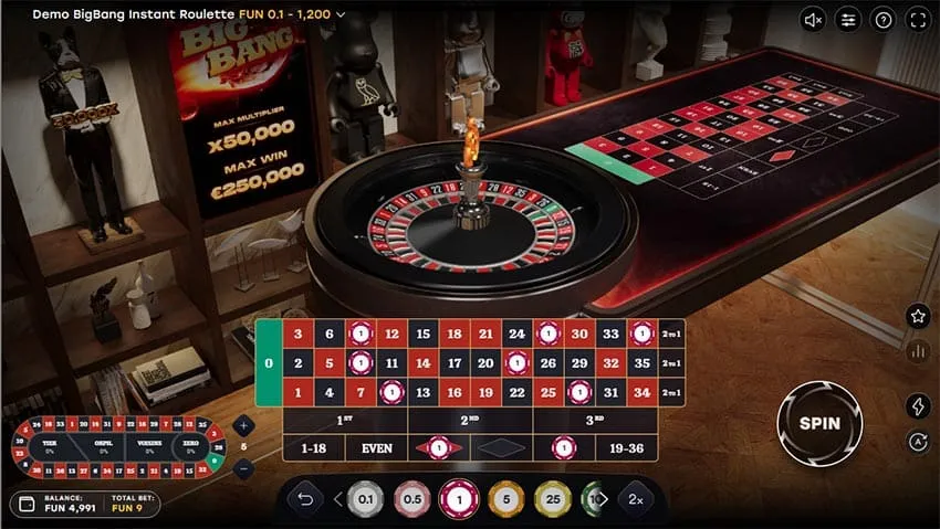 BigBang Instant Roulette betting grid and chip tray before the SPIN
