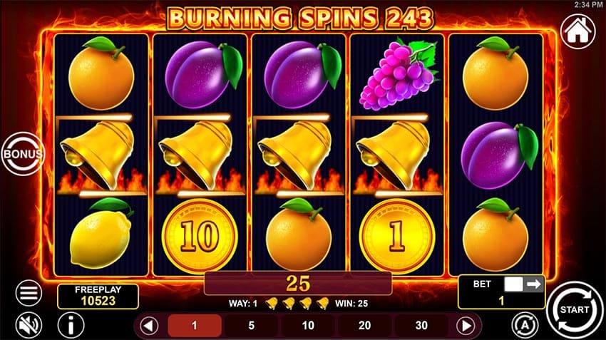 The Burning Spins 243 Slot - Base Gamegrid with 243 ways to win.
