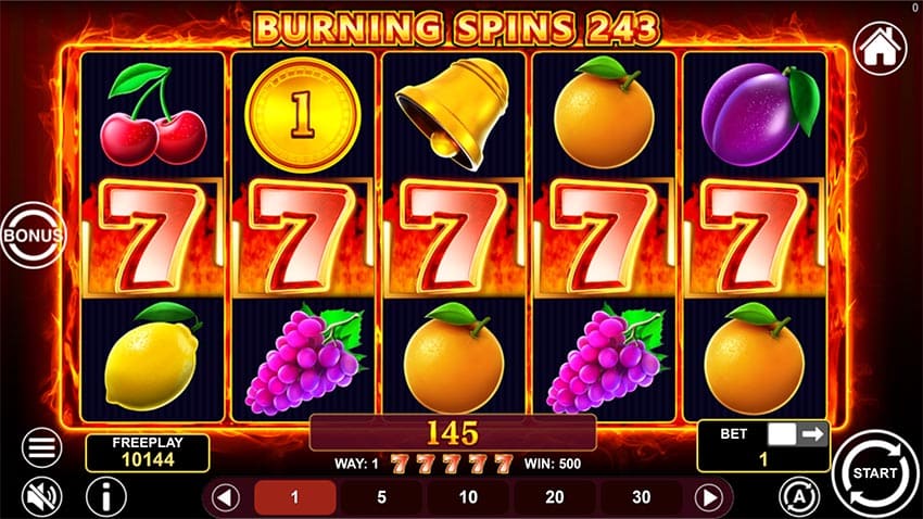 How the Burning Spins 243 winning works - 5 sevens gives x500 win