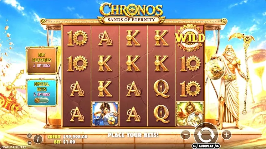 Chronos Sands of Eternity base game on a 5x4 grid with Buy Features and Special Bets panels