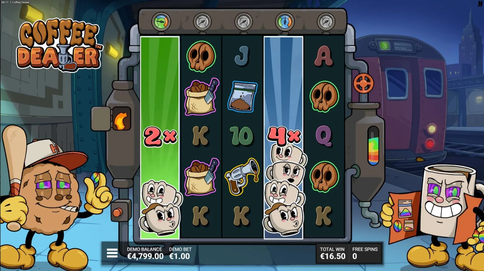 A Wild Coffee Reel expands across the Coffee Dealer grid, showing the stacked multiplier value